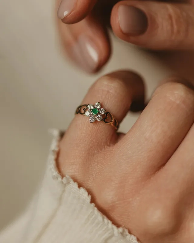 Amy 1986 Vintage 9ct Gold Emerald & CZ Flowerhead Ring sold by Rock n Rose