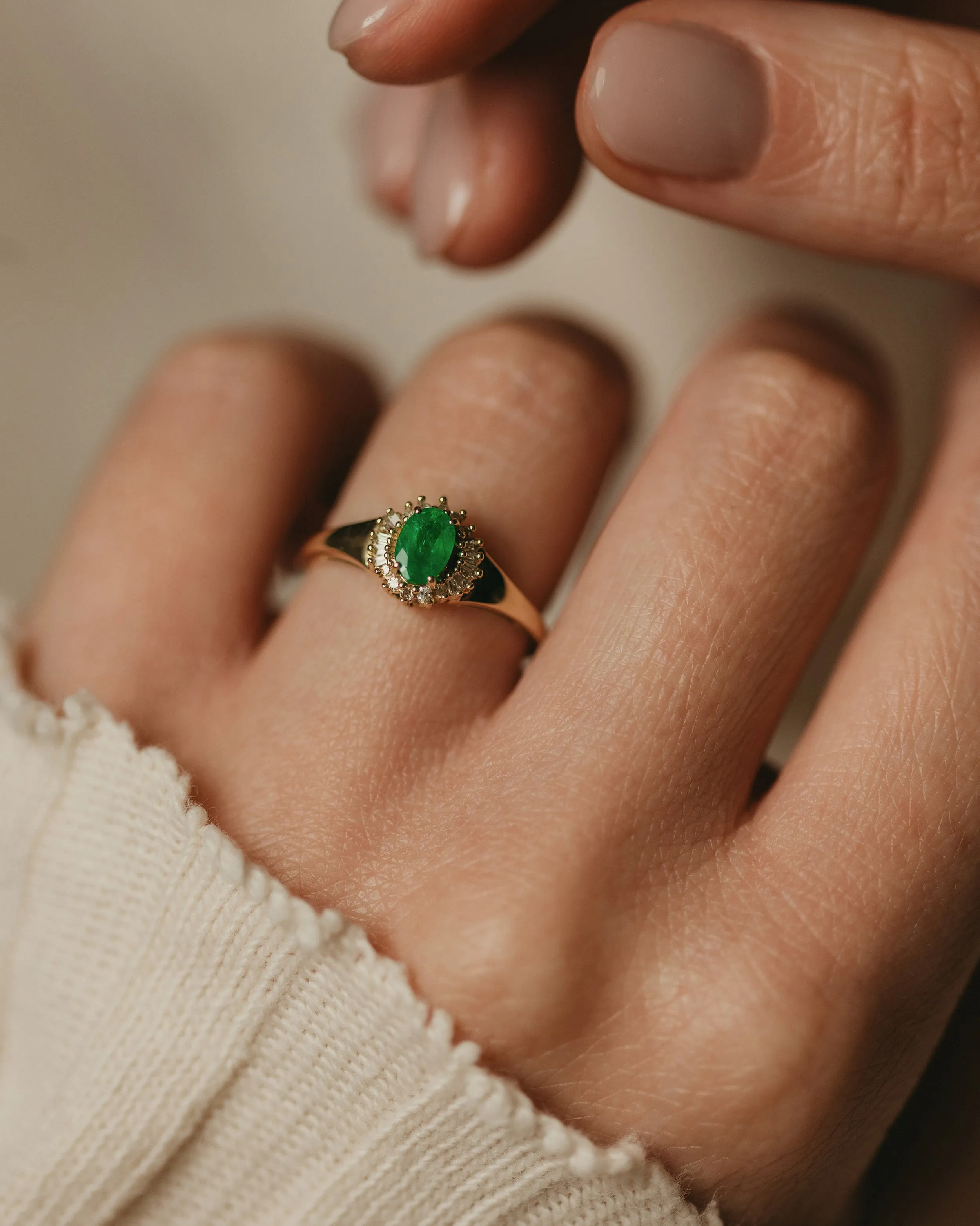 Thandi Vintage 9ct Gold Emerald & Diamond Cluster Ring sold by Rock n Rose