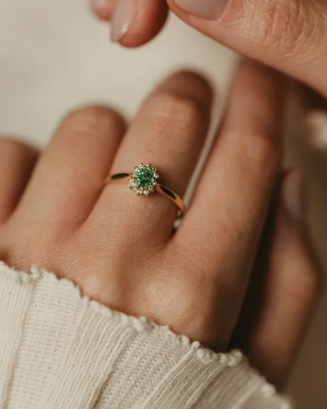Mariam Vintage 18ct Gold Emerald & Diamond Cluster Ring sold by Rock n Rose