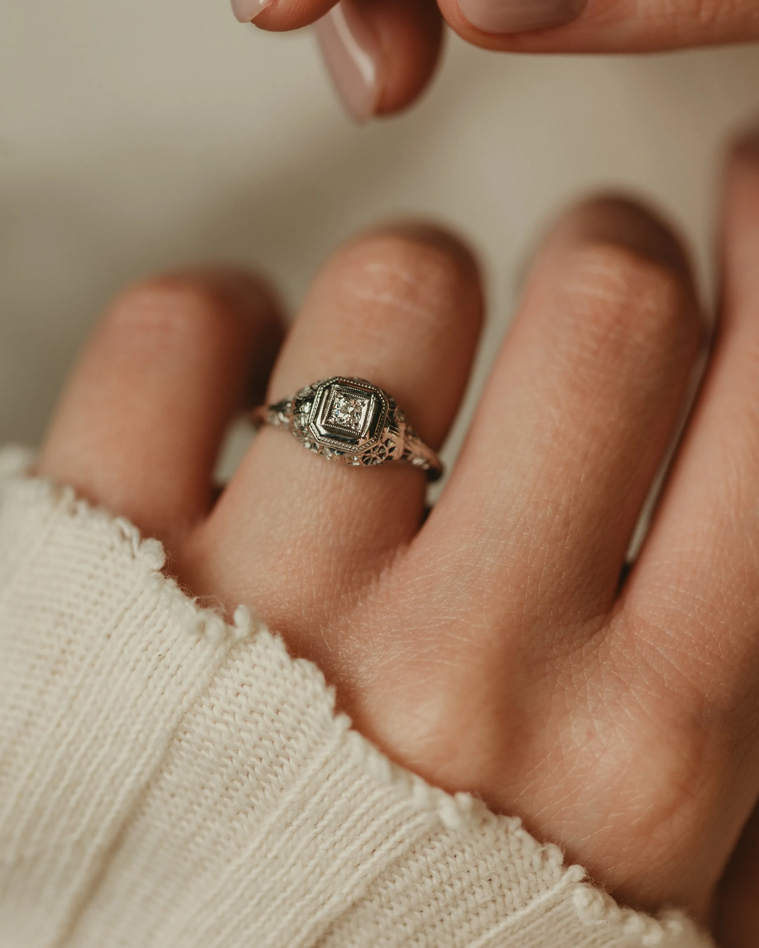 Cleo Antique Art Nouveau 18ct White Gold Solitaire Diamond Ring sold by Rock n Rose