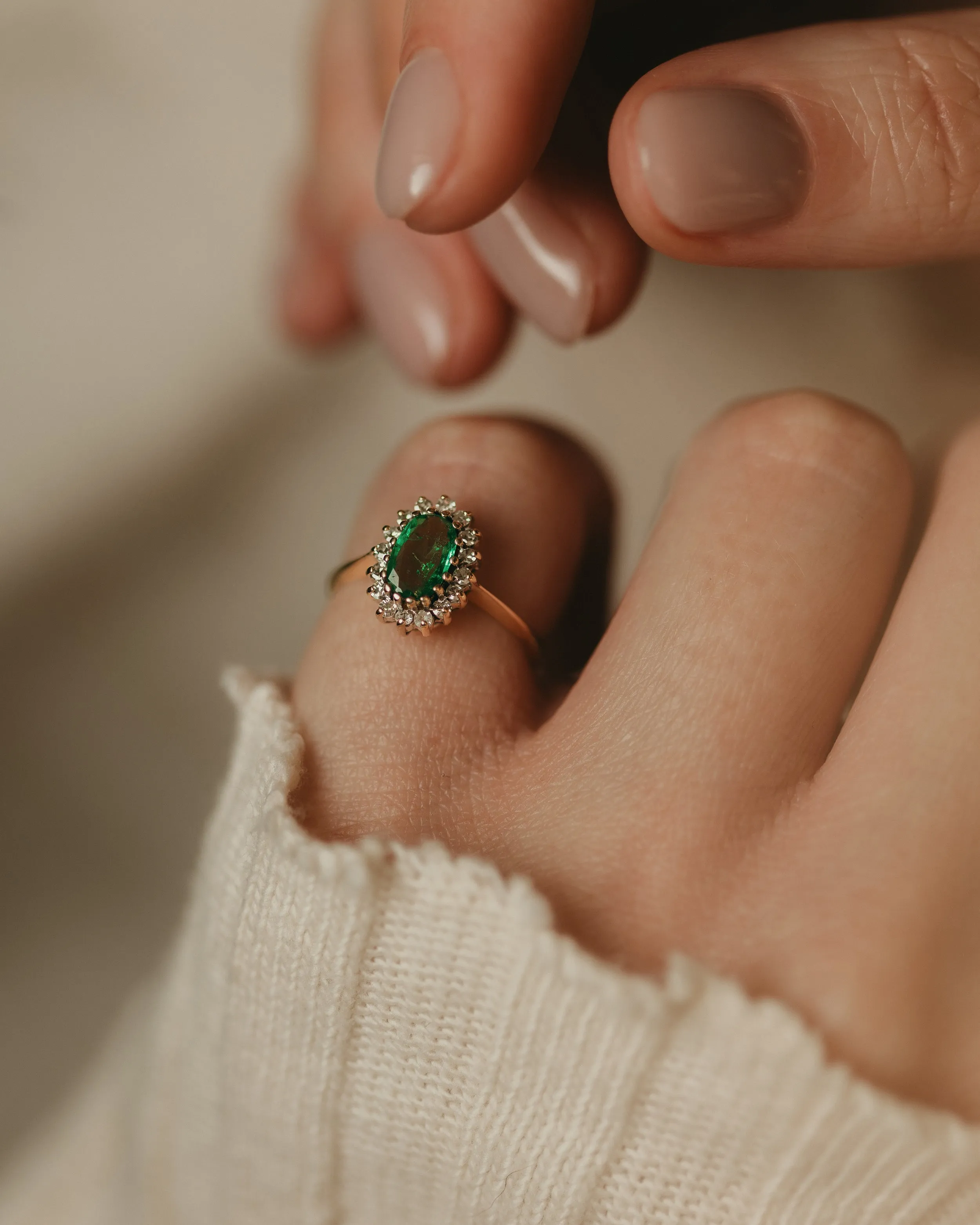 Oana 1987 Vintage 9ct Gold Emerald & Diamond Cluster Ring sold by Rock n Rose