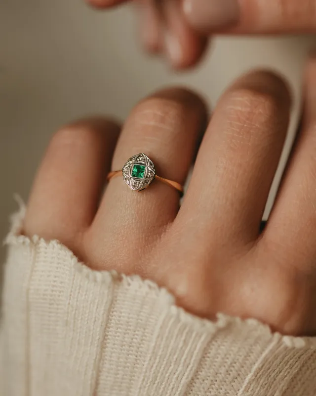 Elisabeth Antique Art Deco 18ct Gold Emerald & Diamond Panel Ring sold by Rock n Rose