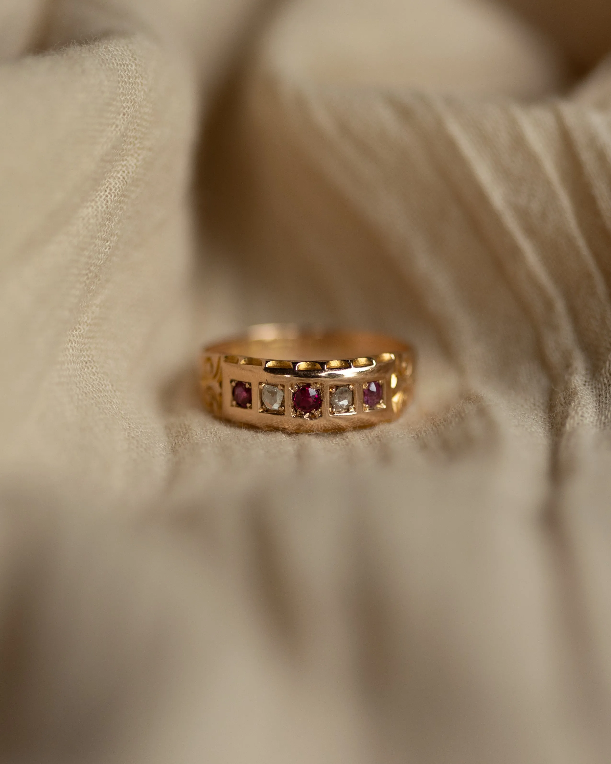 Kitty 1890 Antique 15ct Gold Ruby & Diamond Five Stone Ring sold by Rock n Rose