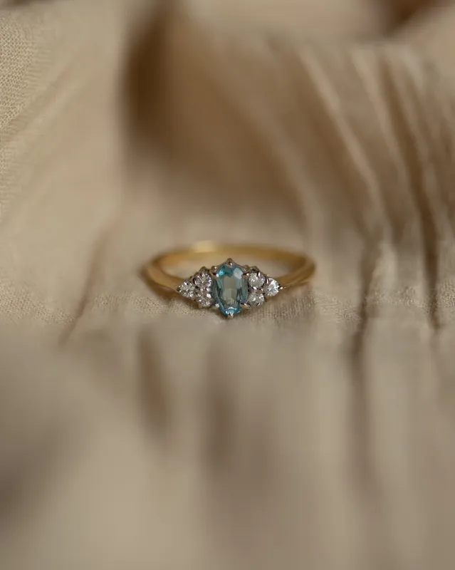Georgina 1989 Vintage 9ct Gold Aquamarine & Diamond Seven Stone Ring sold by Rock n Rose