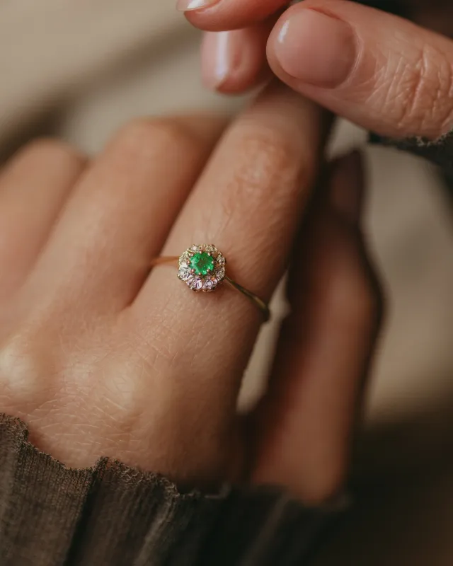 Della 1997 Vintage 9ct Gold Emerald & Diamond Cluster Ring sold by Rock n Rose