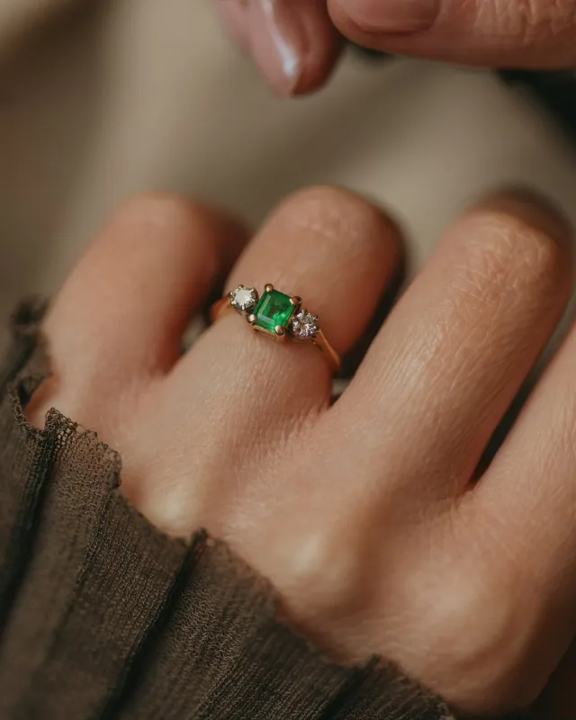 June 1996 Vintage 18ct Gold Emerald & Diamond Trilogy Ring sold by Rock n Rose