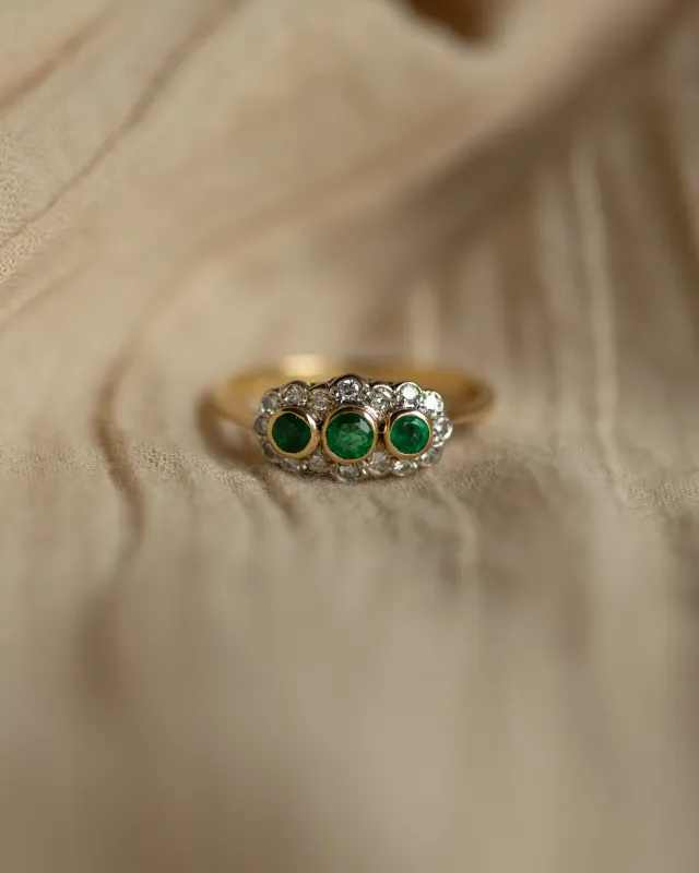 Hyacinth 1989 Vintage 18ct Gold Emerald & Diamond Cluster Ring sold by Rock n Rose