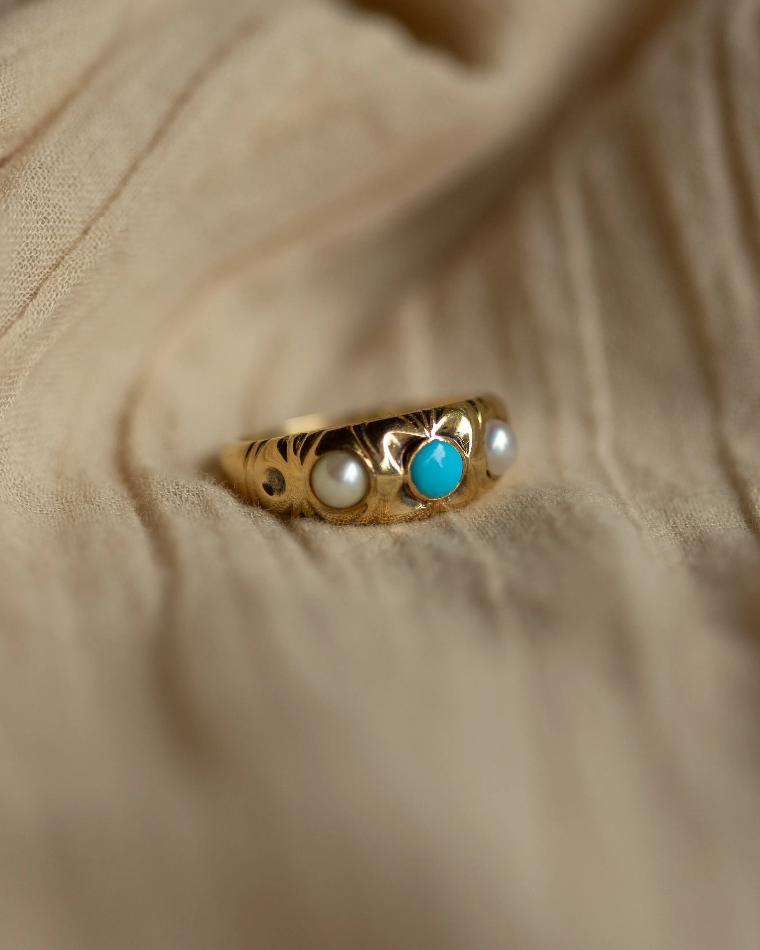 Bernadette Antique 18ct Gold Turquoise & Pearl Trilogy Ring sold by Rock n Rose product image thumbnail 4