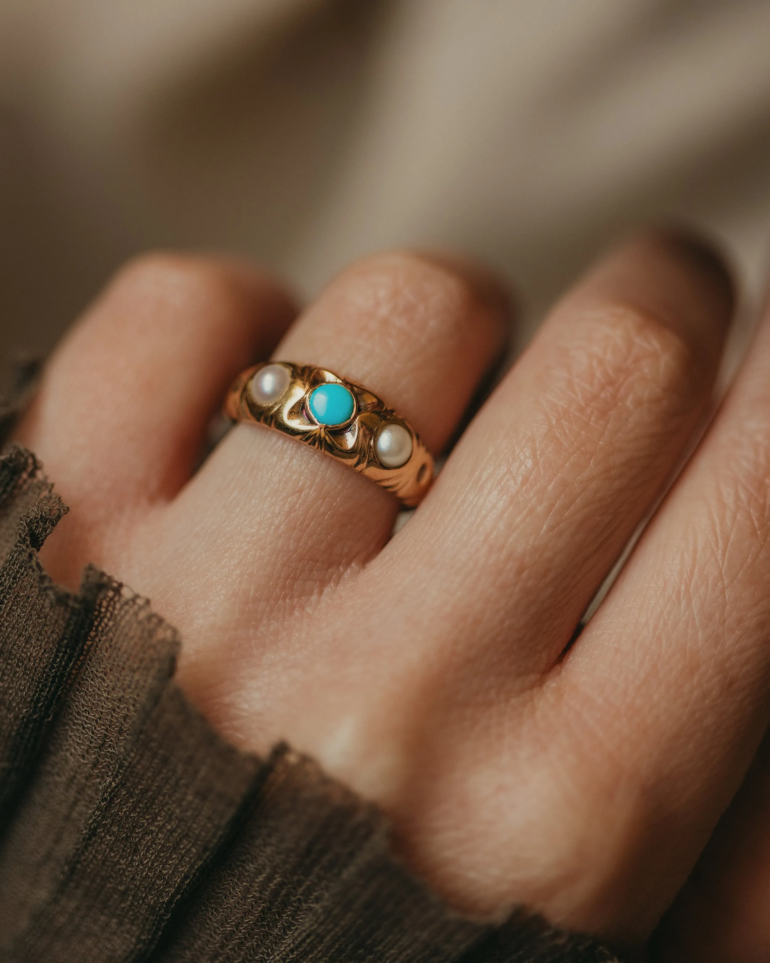 Bernadette Antique 18ct Gold Turquoise & Pearl Trilogy Ring sold by Rock n Rose