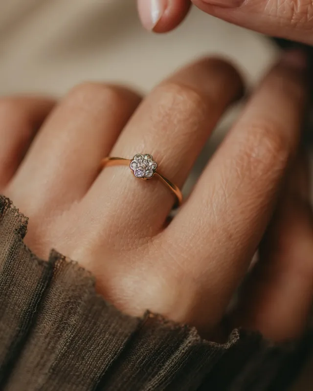 Clementine Antique 18ct Gold Diamond Daisy Cluster Ring sold by Rock n Rose