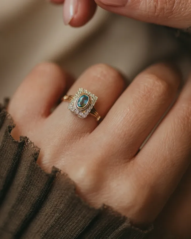 Beryl 1988 Vintage 9ct Gold Blue Topaz & Diamond Cluster Ring sold by Rock n Rose