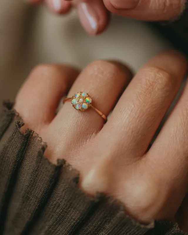 Millicent Antique 18ct Gold Opal & Diamond Cluster Ring sold by Rock n Rose