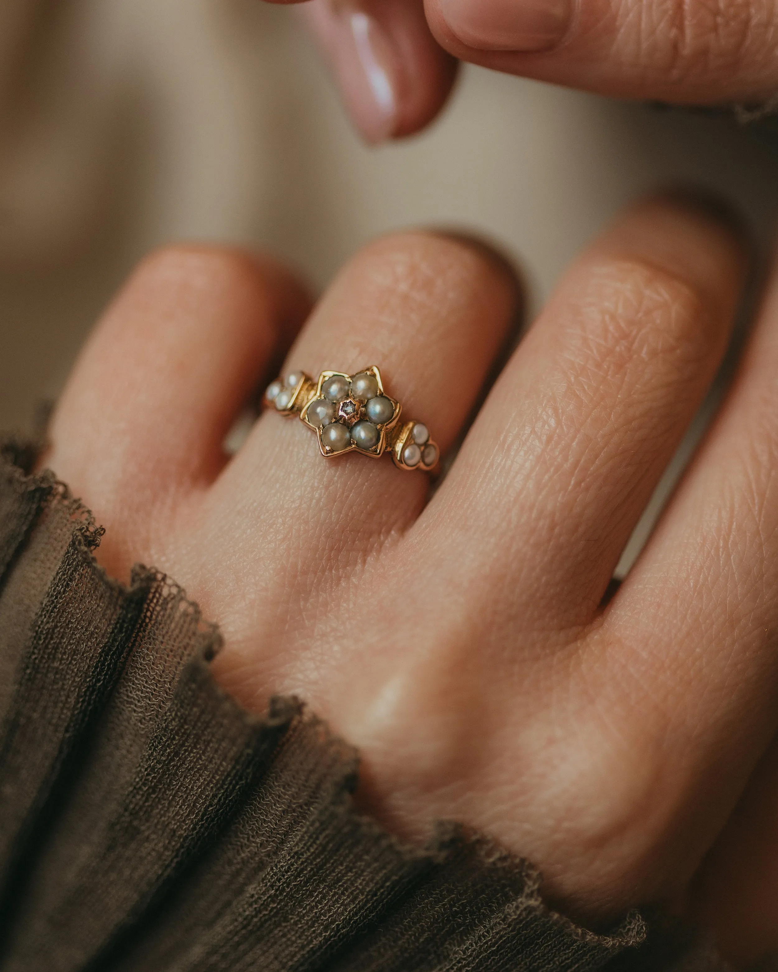 Queenie Antique 15ct Gold Pearl & Diamond Star Cluster Ring sold by Rock n Rose