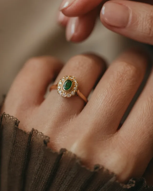Edith Vintage 18ct Gold Emerald & Diamond Cluster Ring sold by Rock n Rose