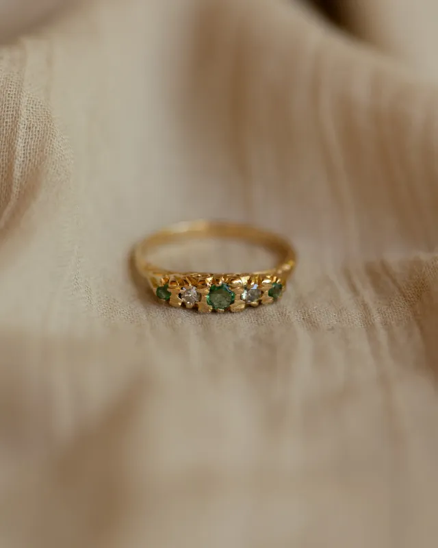 Ana 1976 Vintage 18ct Gold Emerald & Diamond Five Stone Ring sold by Rock n Rose
