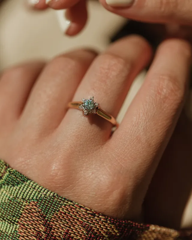 Celeste 1970 Vintage 18ct Gold Blue Zircon & Diamond Star Cluster Ring sold by Rock n Rose