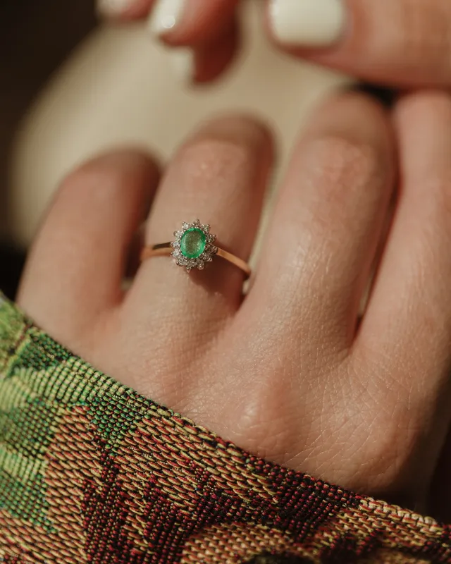Christie 1985 Vintage 18ct Gold Emerald & Diamond Cluster Ring sold by Rock n Rose