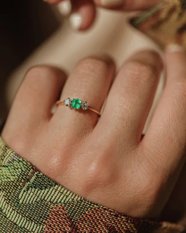 Elva Vintage 14ct Gold Emerald & Diamond Trilogy Ring sold by Rock n Rose