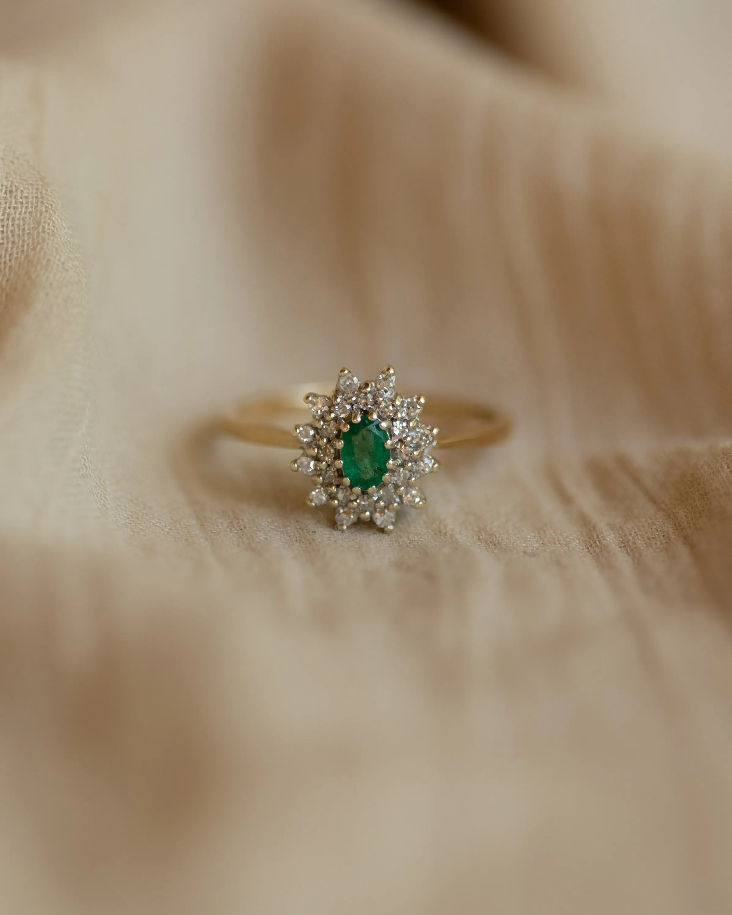 Nettie 1984 Vintage 9ct Gold Emerald & Diamond Cluster Ring sold by Rock n Rose