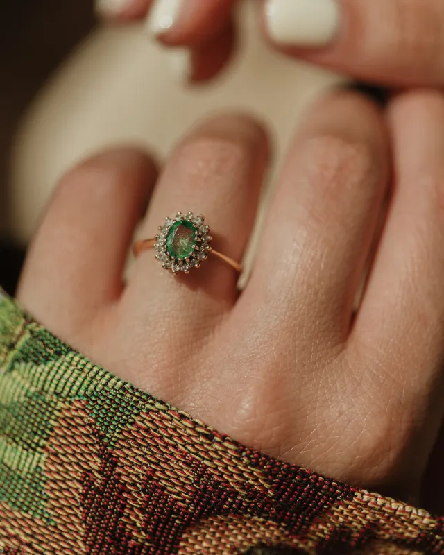 Irene 1987 Vintage 9ct Gold Emerald & Diamond Cluster Ring sold by Rock n Rose