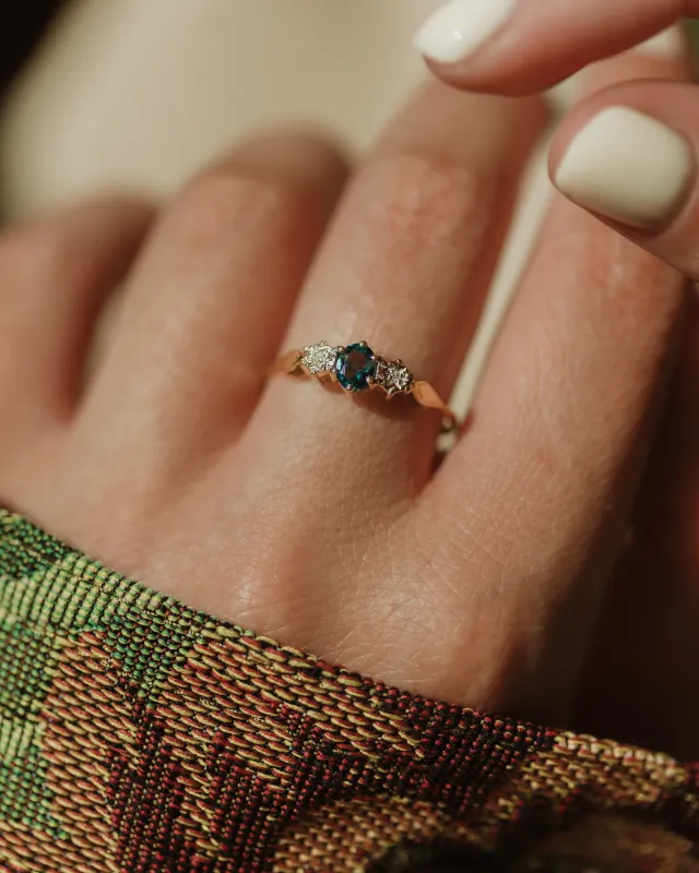 Selma Vintage 9ct Gold Blue Topaz & Diamond Trilogy Ring sold by Rock n Rose