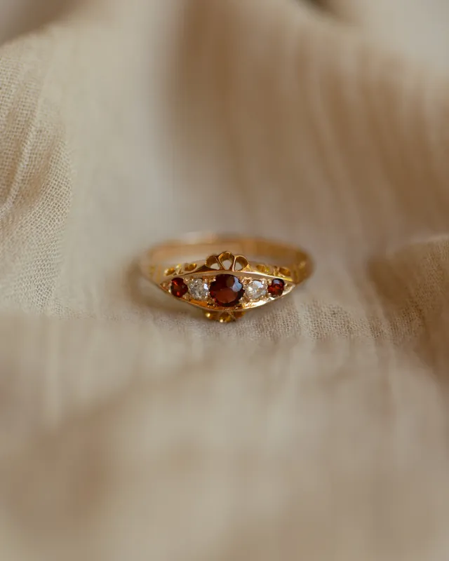 Glynnis 1916 Antique 18ct Gold Garnet & Diamond Five Stone Ring sold by Rock n Rose