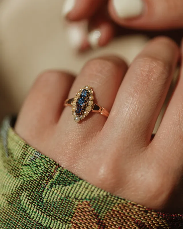 Orla Antique 14ct Gold Sapphire & Pearl Marquise Ring sold by Rock n Rose