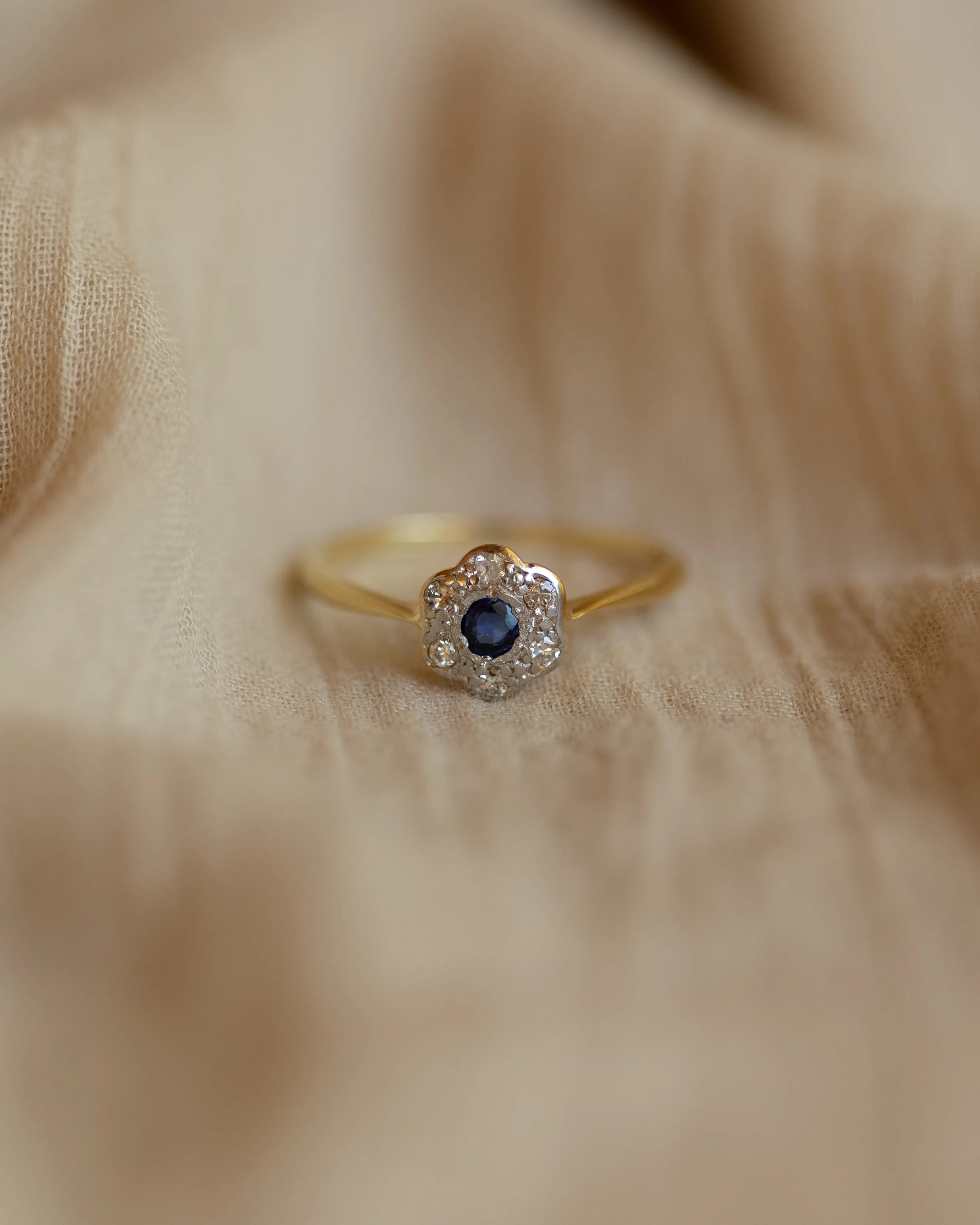Gilda Antique 18ct Gold Sapphire & Diamond Flowerhead Cluster Ring sold by Rock n Rose