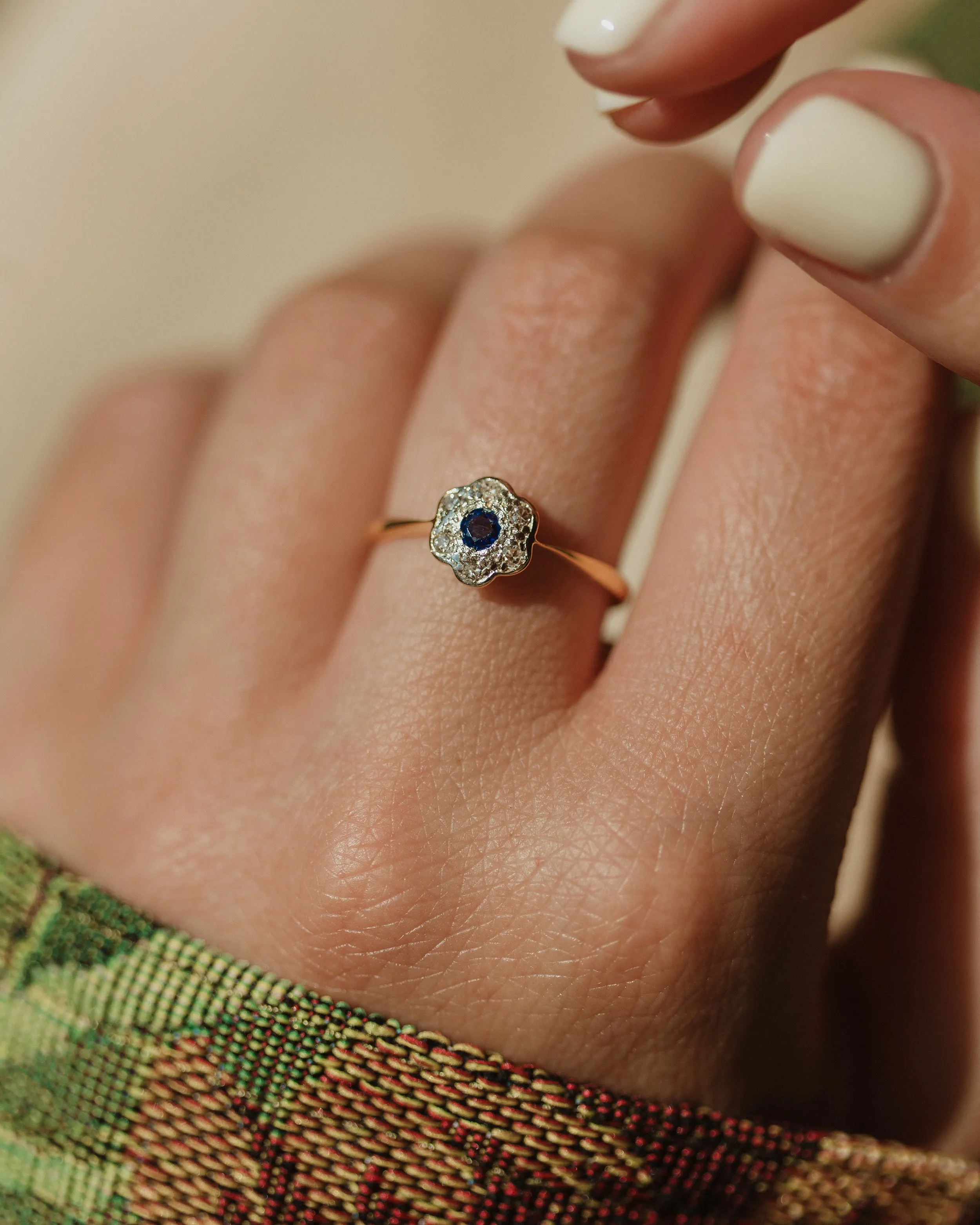 Gilda Antique 18ct Gold Sapphire & Diamond Flowerhead Cluster Ring sold by Rock n Rose product image thumbnail 2