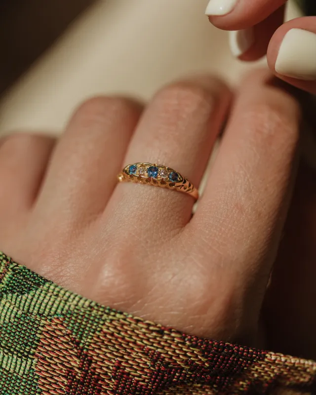 Desdemona 1901 Antique 18ct Gold Sapphire & Diamond Five Stone Ring sold by Rock n Rose