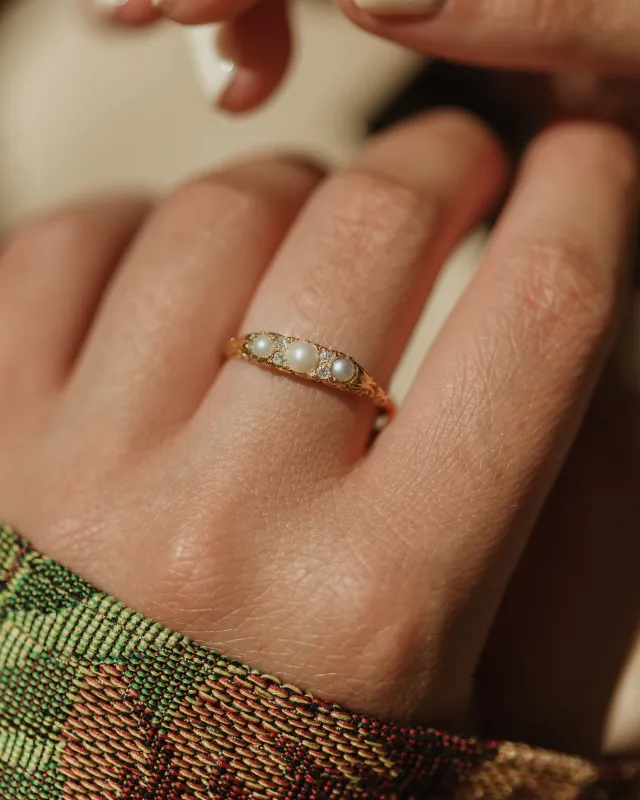 Calista Antique 18ct Gold Pearl & Diamond Seven Stone Ring sold by Rock n Rose