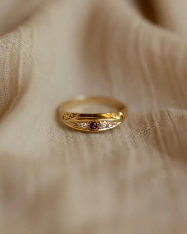 Violetta 1938 Vintage 18ct Gold Amethyst & Diamond Five Stone Ring sold by Rock n Rose