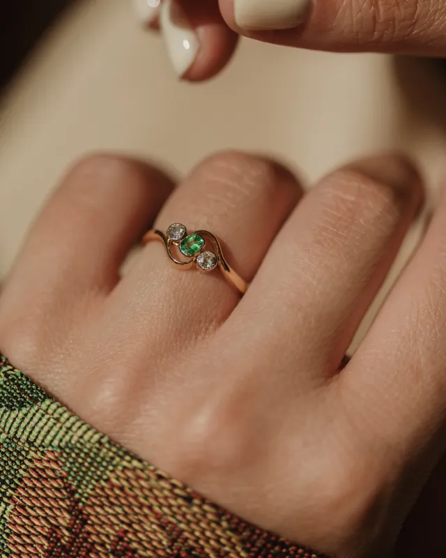 Vera Antique 18ct Gold Emerald & Diamond Trilogy Ring sold by Rock n Rose