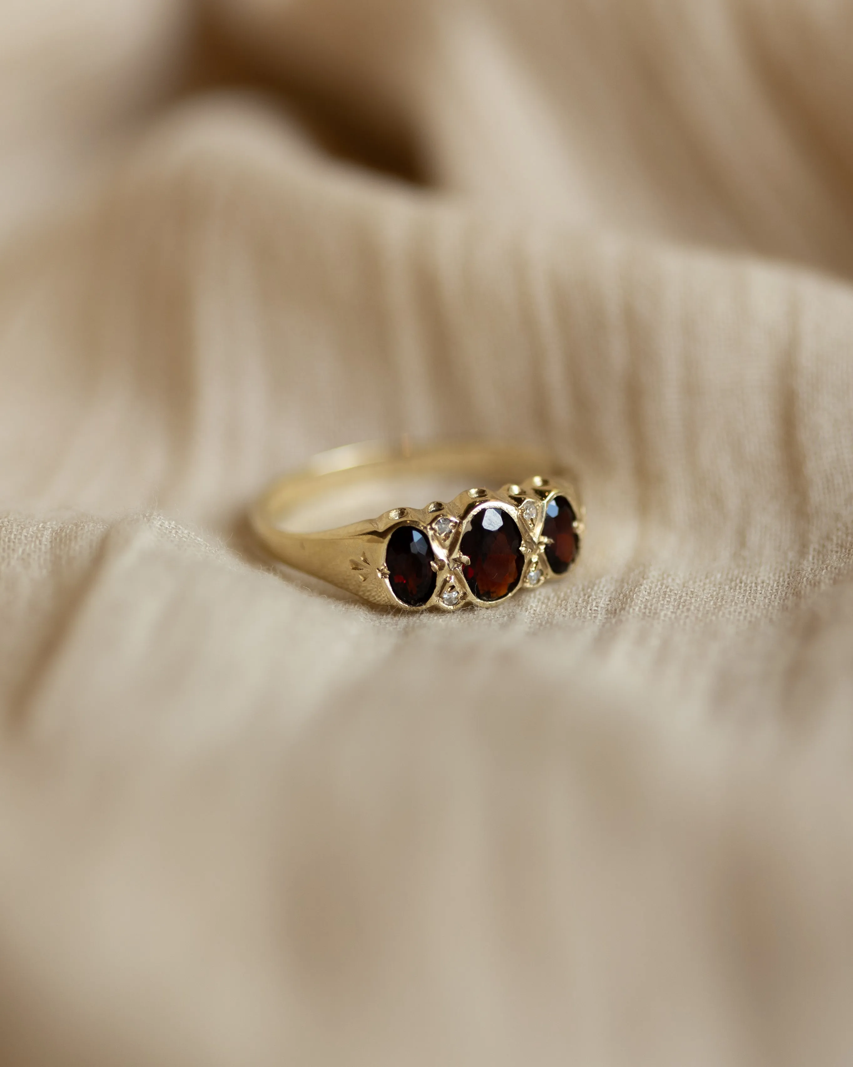 Winona 1989 Vintage 9ct Gold Garnet & Diamond Trilogy Ring sold by Rock n Rose product image thumbnail 4