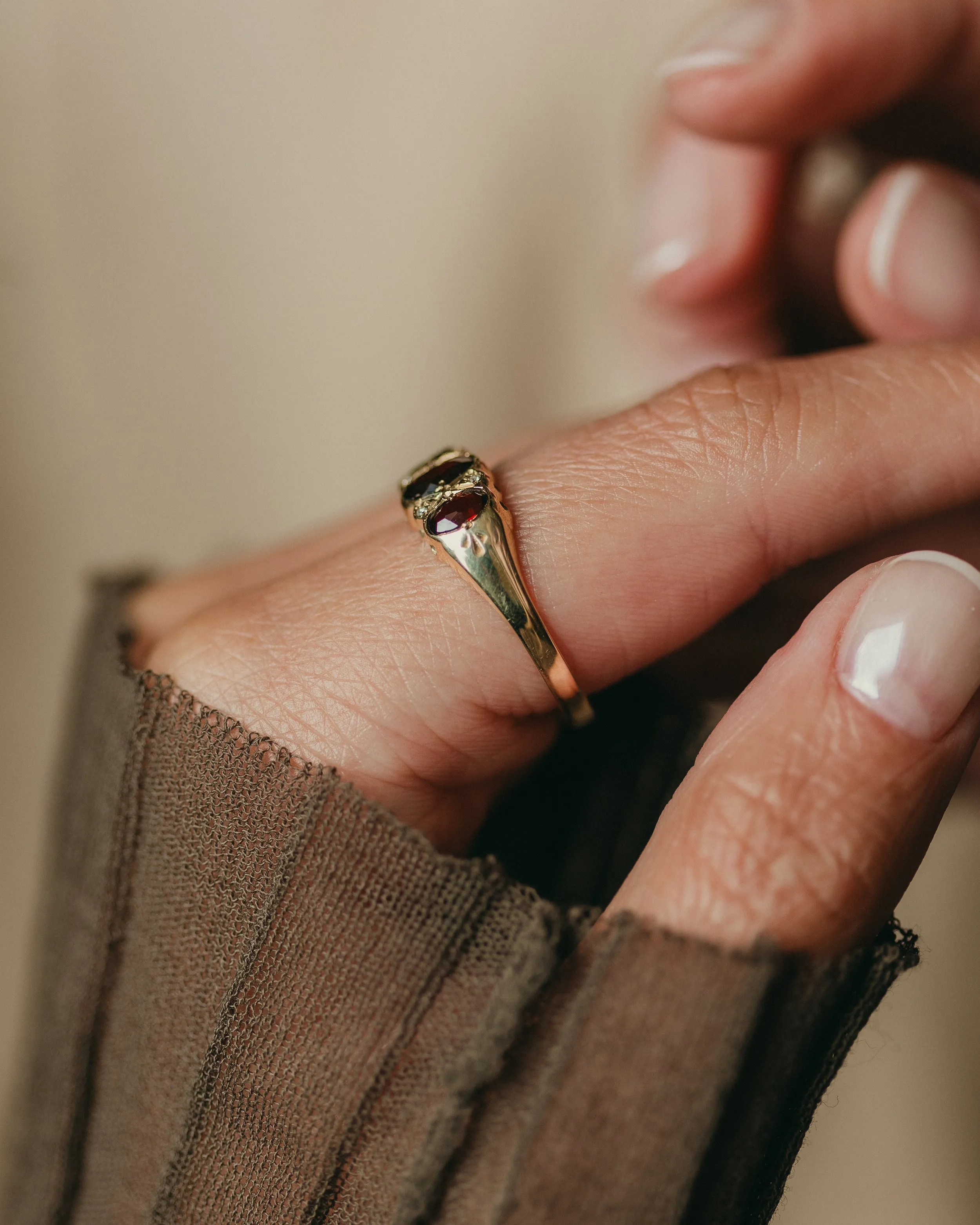 Winona 1989 Vintage 9ct Gold Garnet & Diamond Trilogy Ring sold by Rock n Rose product image thumbnail 2