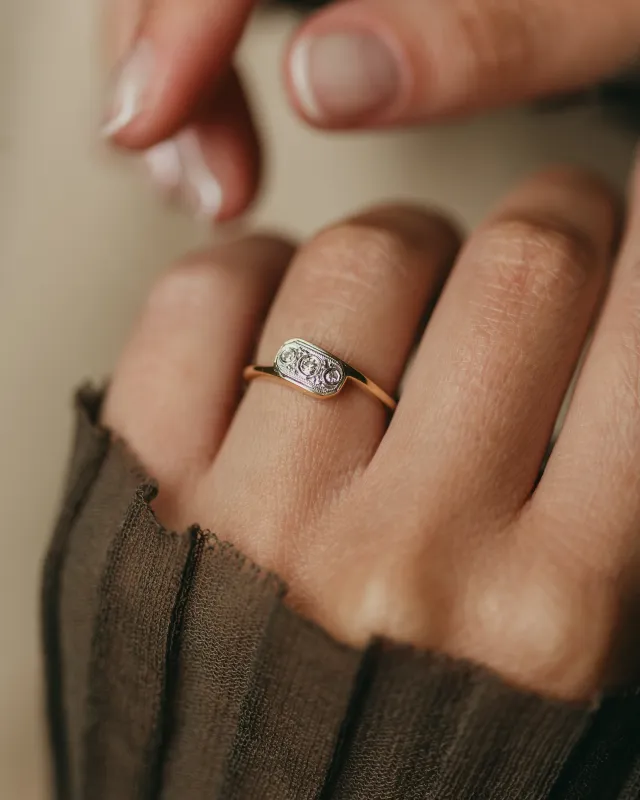 Mae Antique Art Deco 18ct Gold Diamond Trilogy Panel Ring sold by Rock n Rose