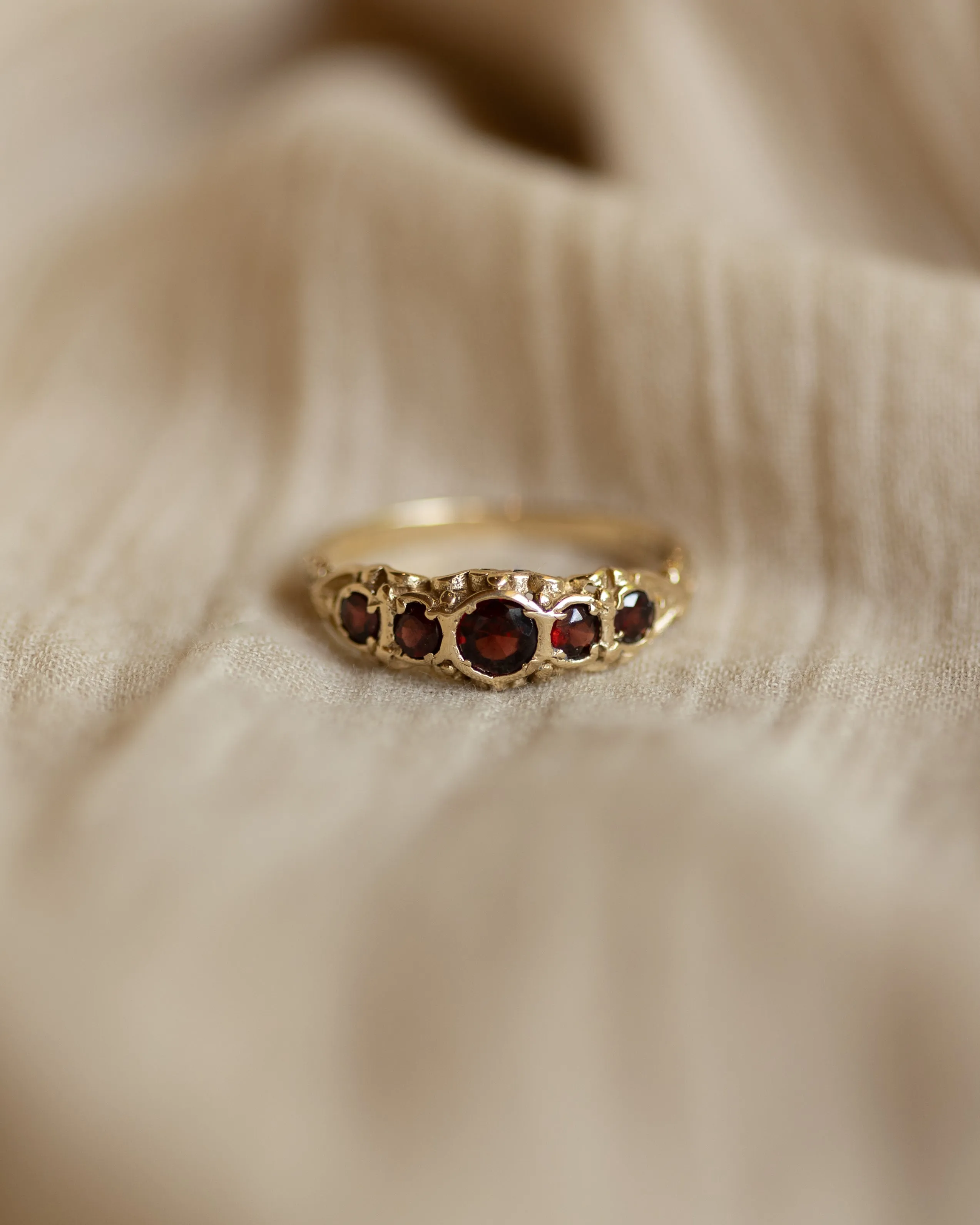 Hilda 1973 Vintage 9ct Gold Garnet Five Stone Ring sold by Rock n Rose