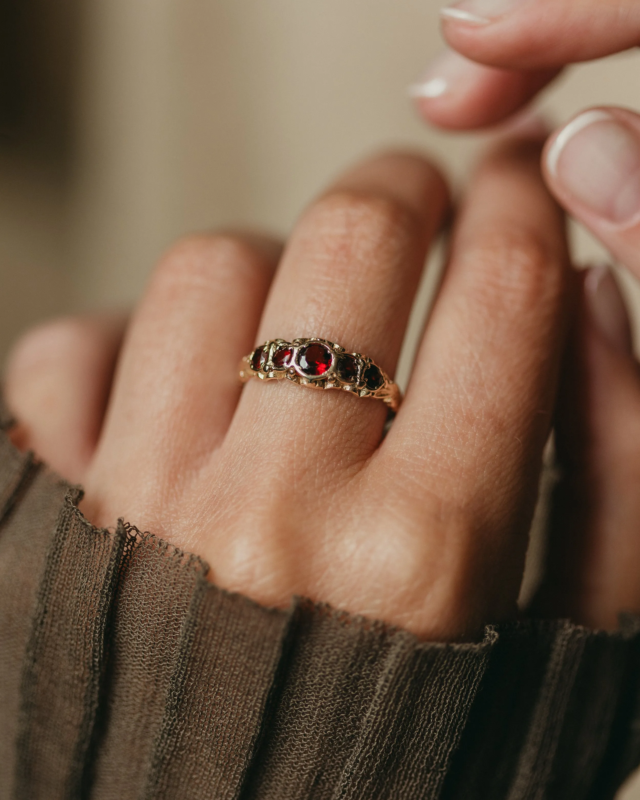 Hilda 1973 Vintage 9ct Gold Garnet Five Stone Ring sold by Rock n Rose product image thumbnail 2