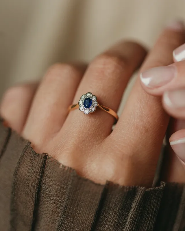 Geraldine Antique 14ct Gold Sapphire & Diamond Cluster Ring sold by Rock n Rose
