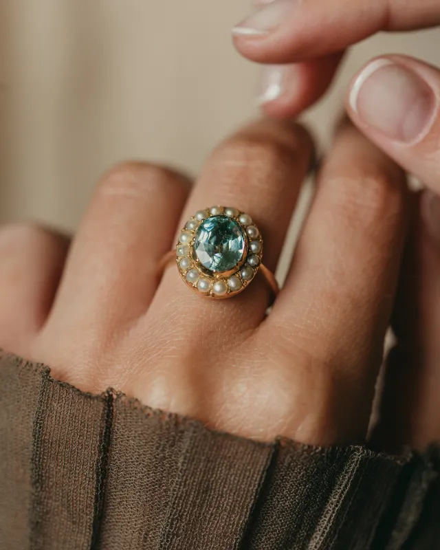 Irene Antique 9ct Gold Aquamarine & Pearl Cluster Ring sold by Rock n Rose