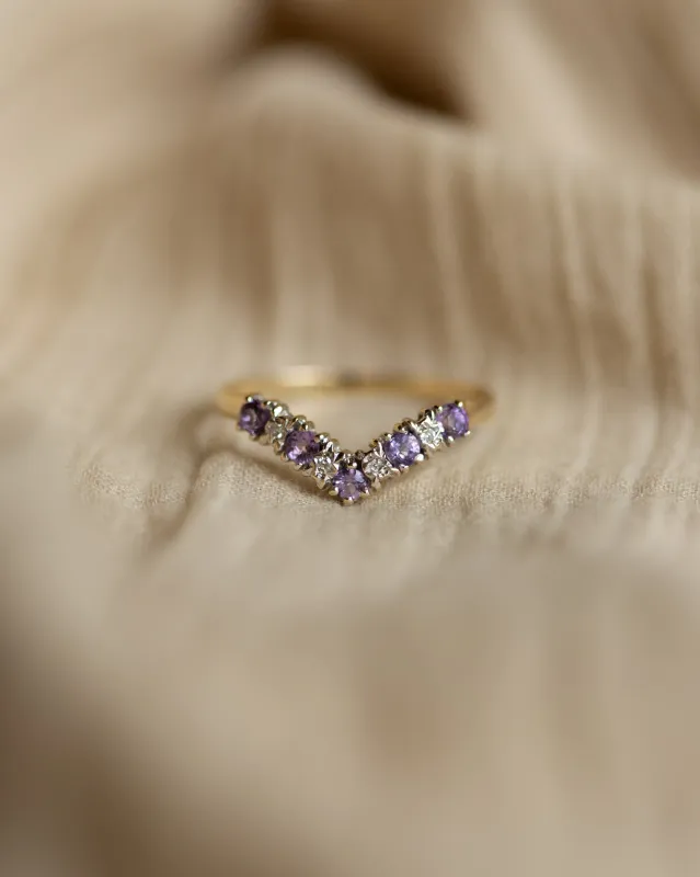 Lydia Vintage 9ct Gold Amethyst & Diamond Wishbone Ring sold by Rock n Rose