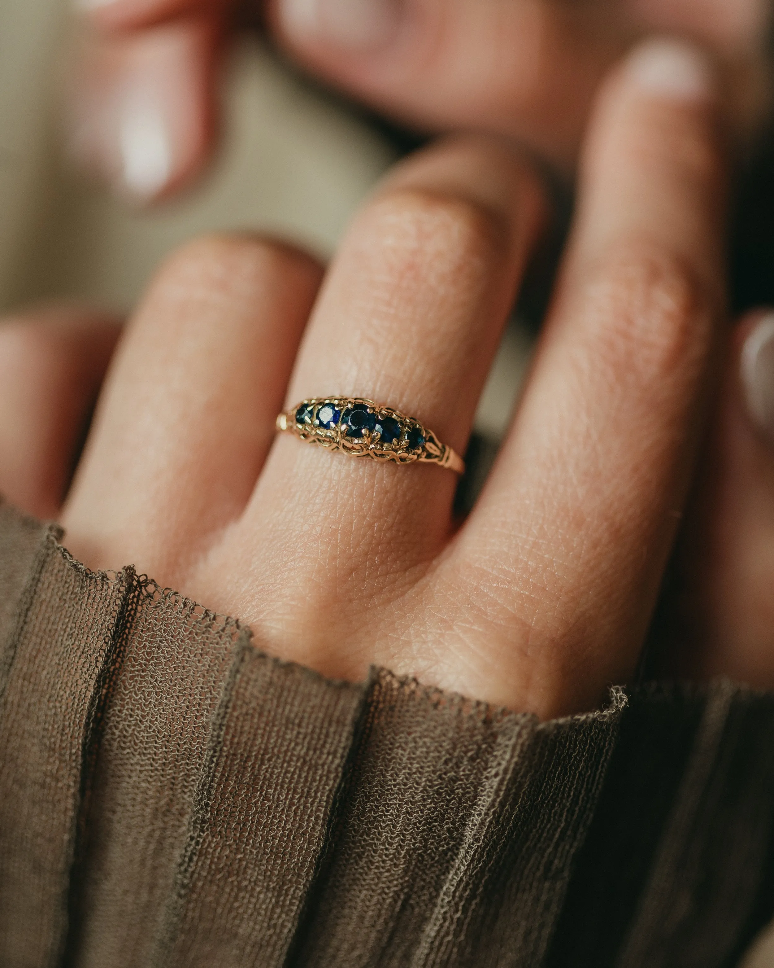 Georgie 1984 Vintage 9ct Gold Sapphire Five Stone Ring sold by Rock n Rose product image thumbnail 2