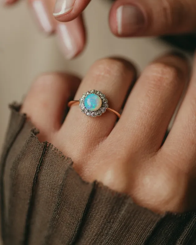Albertine Antique 18ct Gold Opal & Diamond Cluster Ring sold by Rock n Rose