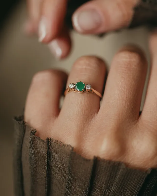 Coralie 1981 Vintage 9ct Gold Emerald & Diamond Trilogy Ring sold by Rock n Rose