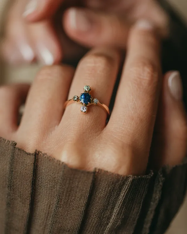 Genevieve Antique 18ct Gold Sapphire & Diamond Cluster Ring sold by Rock n Rose