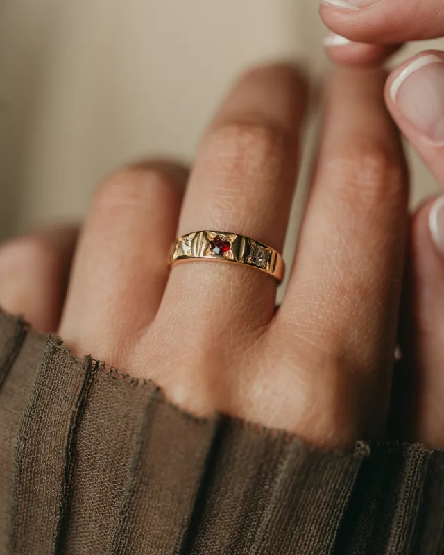 Sylvie Antique 18ct Gold Garnet & Diamond Trilogy Ring sold by Rock n Rose