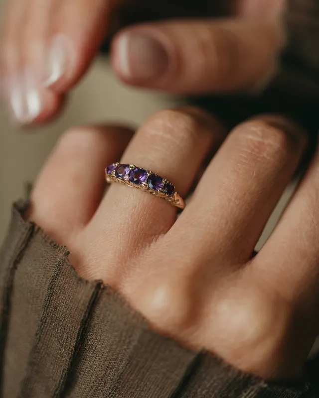 Harriet 1981 Vintage 9ct Gold Amethyst Five Stone Ring sold by Rock n Rose
