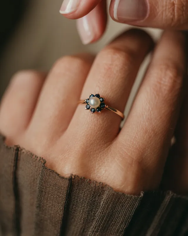 Gertie 1983 Vintage 9ct Gold Pearl & Sapphire Cluster Ring sold by Rock n Rose