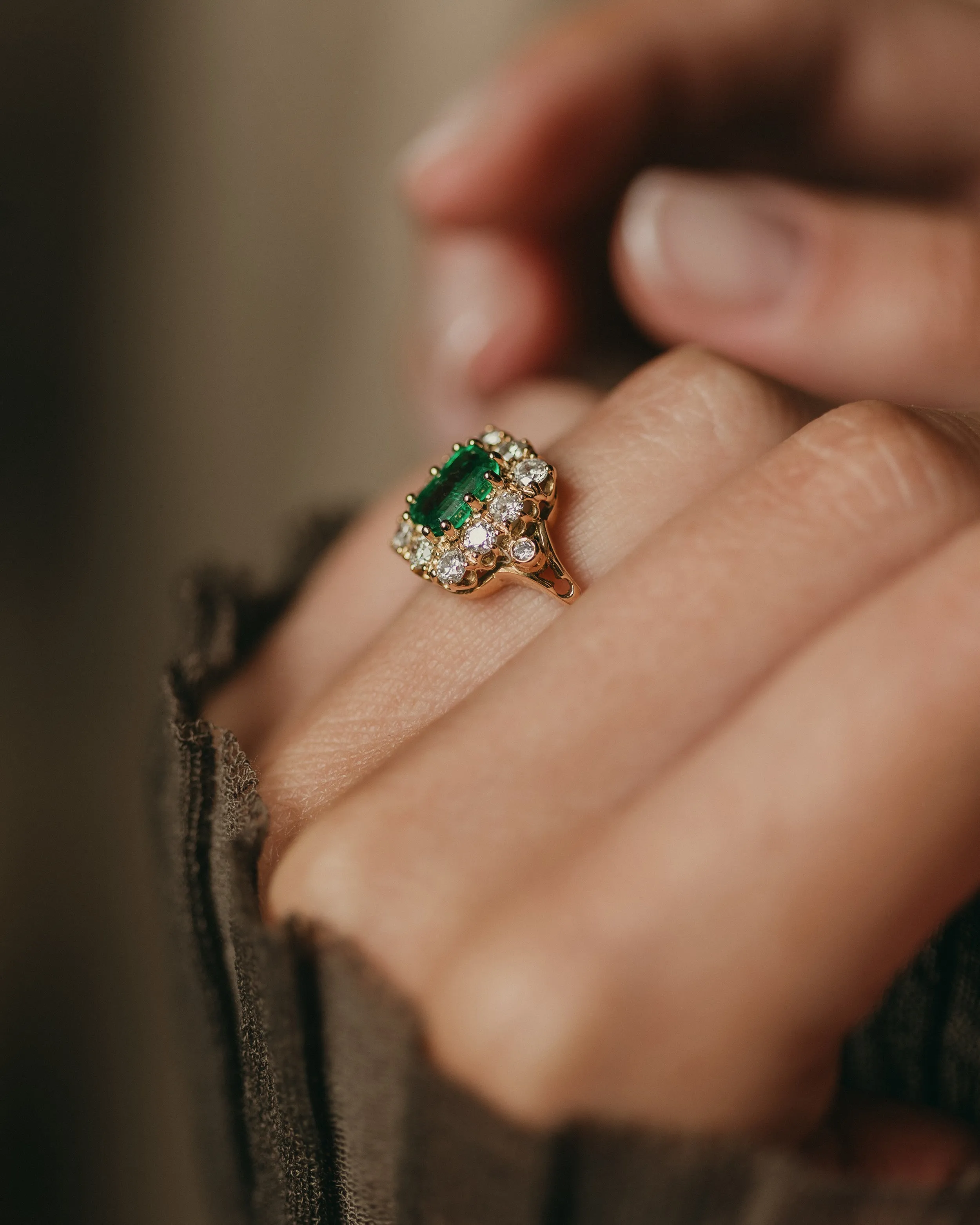 Clémence Vintage 18ct Gold Emerald & Diamond Cluster Ring sold by Rock n Rose product image thumbnail 2