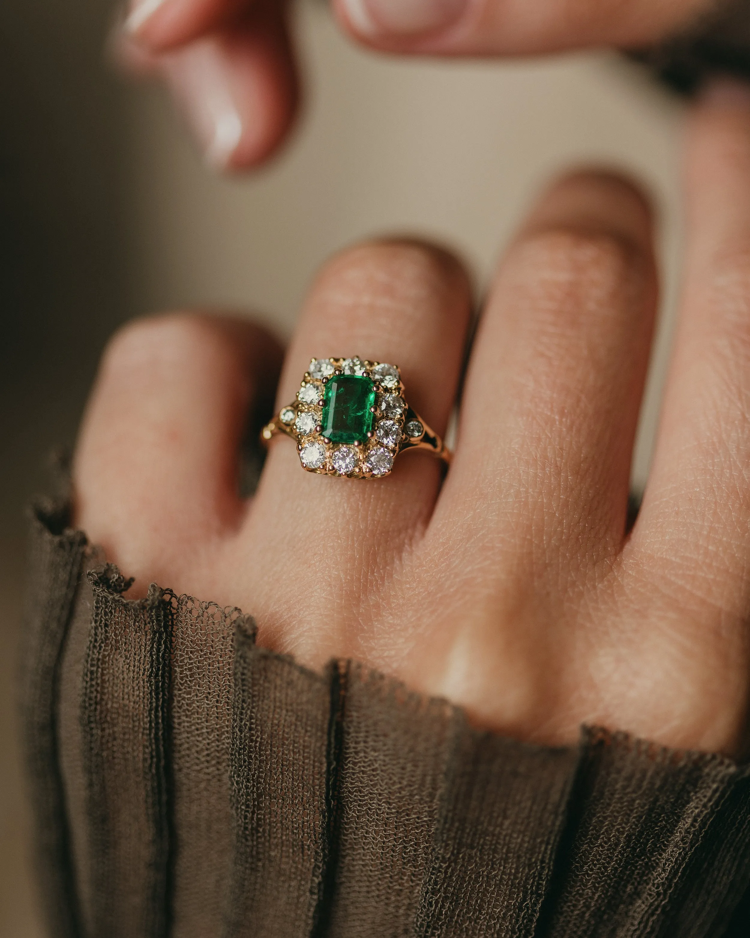 Clémence Vintage 18ct Gold Emerald & Diamond Cluster Ring sold by Rock n Rose